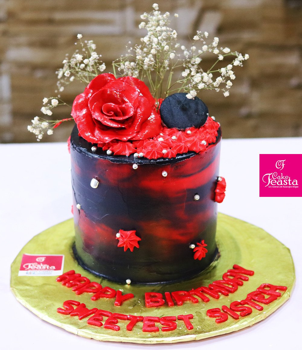 Red Black Flower Birthday Cake - Customized Cakes in Lahore
