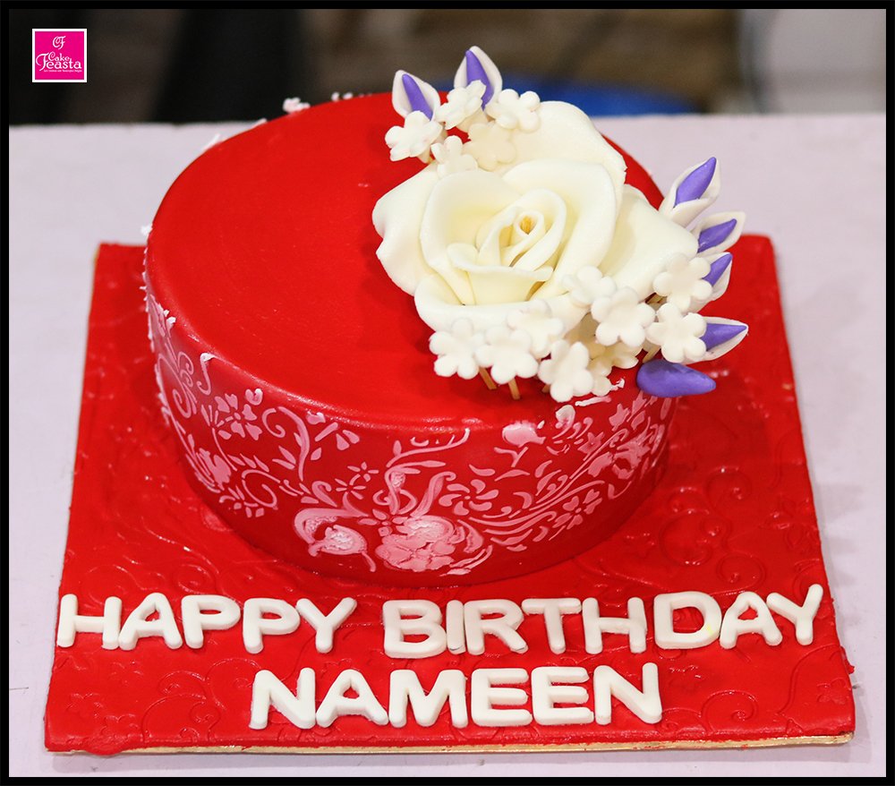 Red Base White Flower Birthday Cake - Lahore Custom Cakes