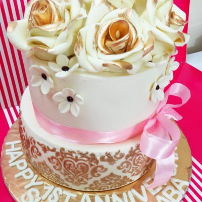 Off White Golden Flowers Anniversary Cake