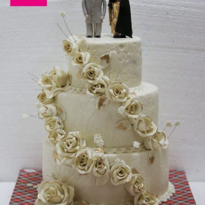 White Golden Flowers Wedding Cake