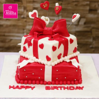 2 Tier Red Gift Theme Birthday Cake