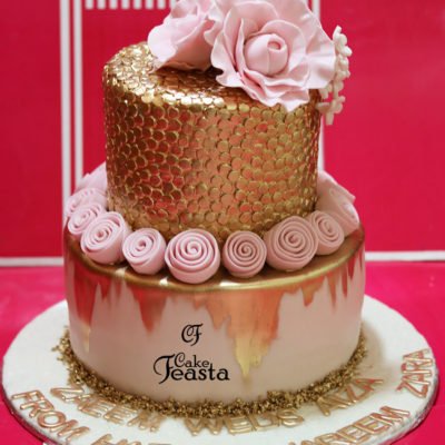 Pink Flower Golden Birthday Cake