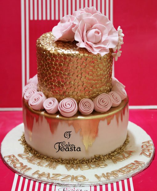 Pink Flower Golden Birthday Cake