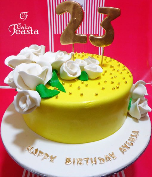 White Flower Yellow Birthday Cake