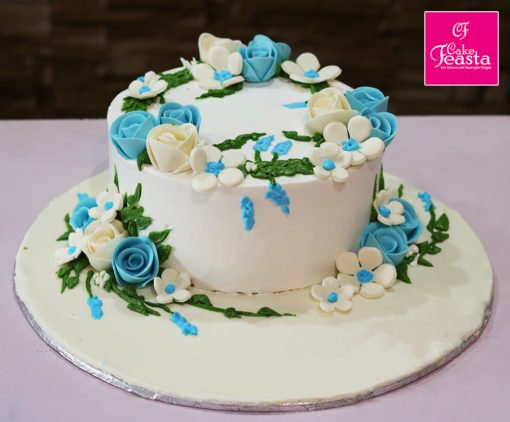 White Blue Flower Theme Cake
