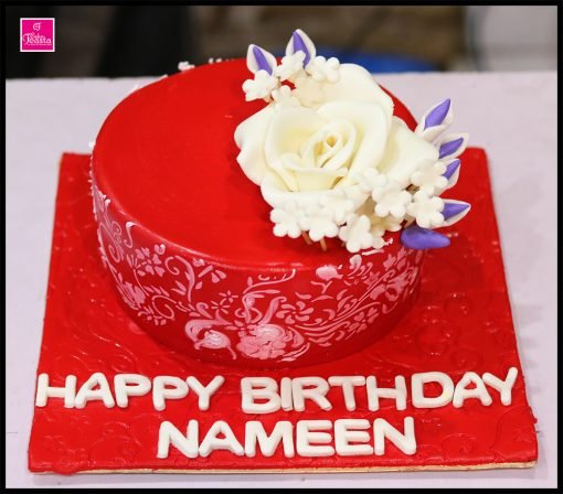 Red Base White Flower Birthday Cake