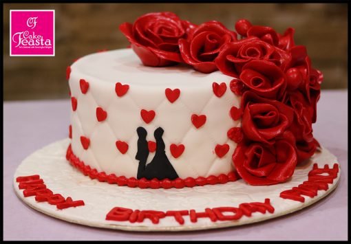 Red Rose and Heart Birthday Cake